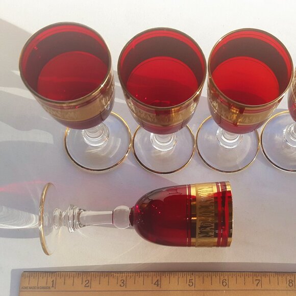VTG Wine/Sherry Cordial Glasses Ruby Red Gilded with Clear Stem 1950s Set of 6 - Picture 7 of 12